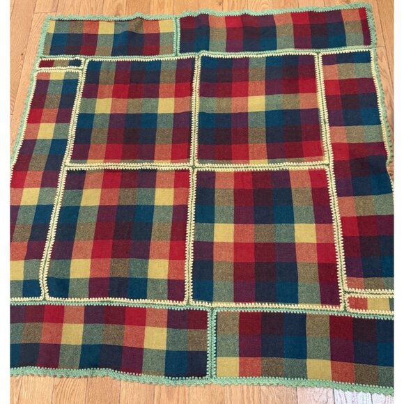 Vintage Wool Plaid Crocheted Block Lap Blanket Handmade Unique - Picture 7 of 8